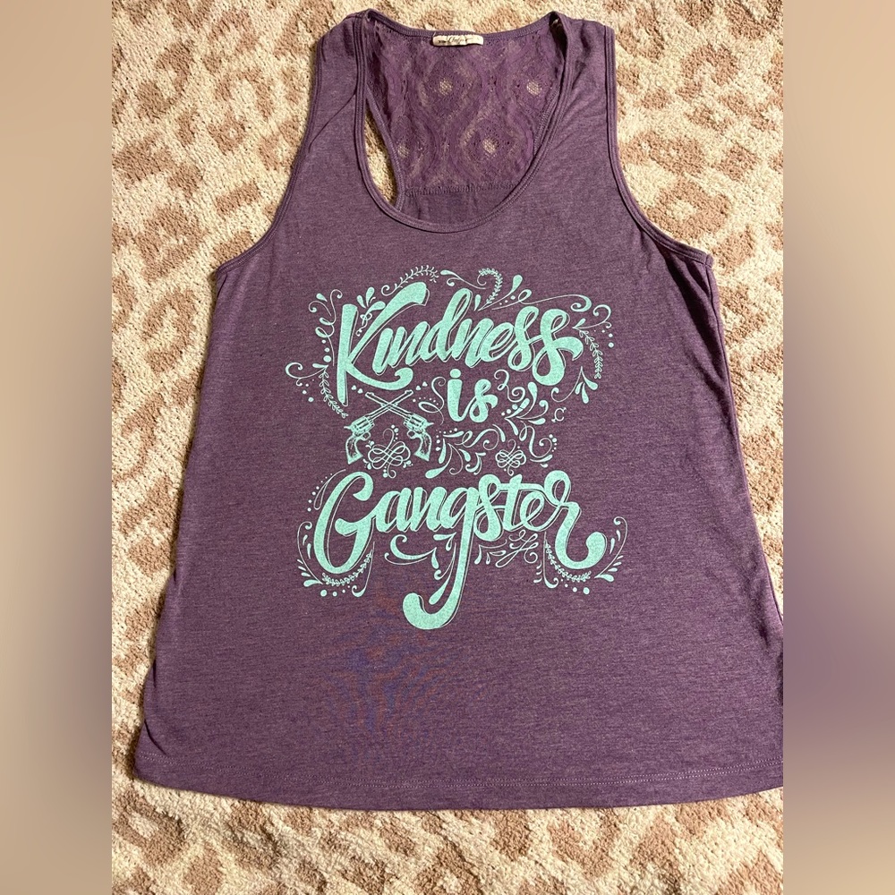 Cheekys Lace Back Tank Top Sz L Kindness is Gangster Purple